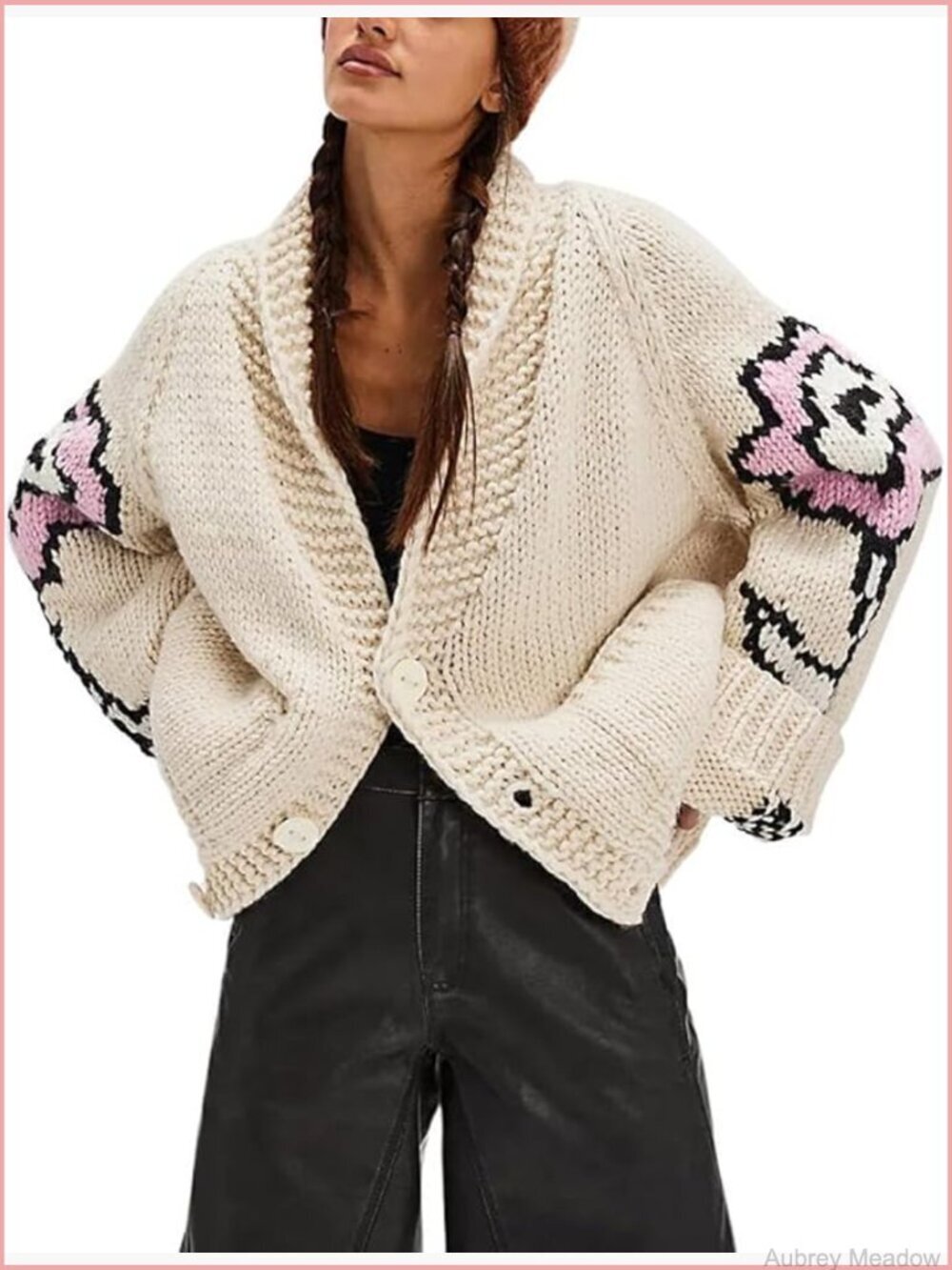 Oversized Chunky Knit Cardigan Front Button Down Long Sleeve V-Neck Floral